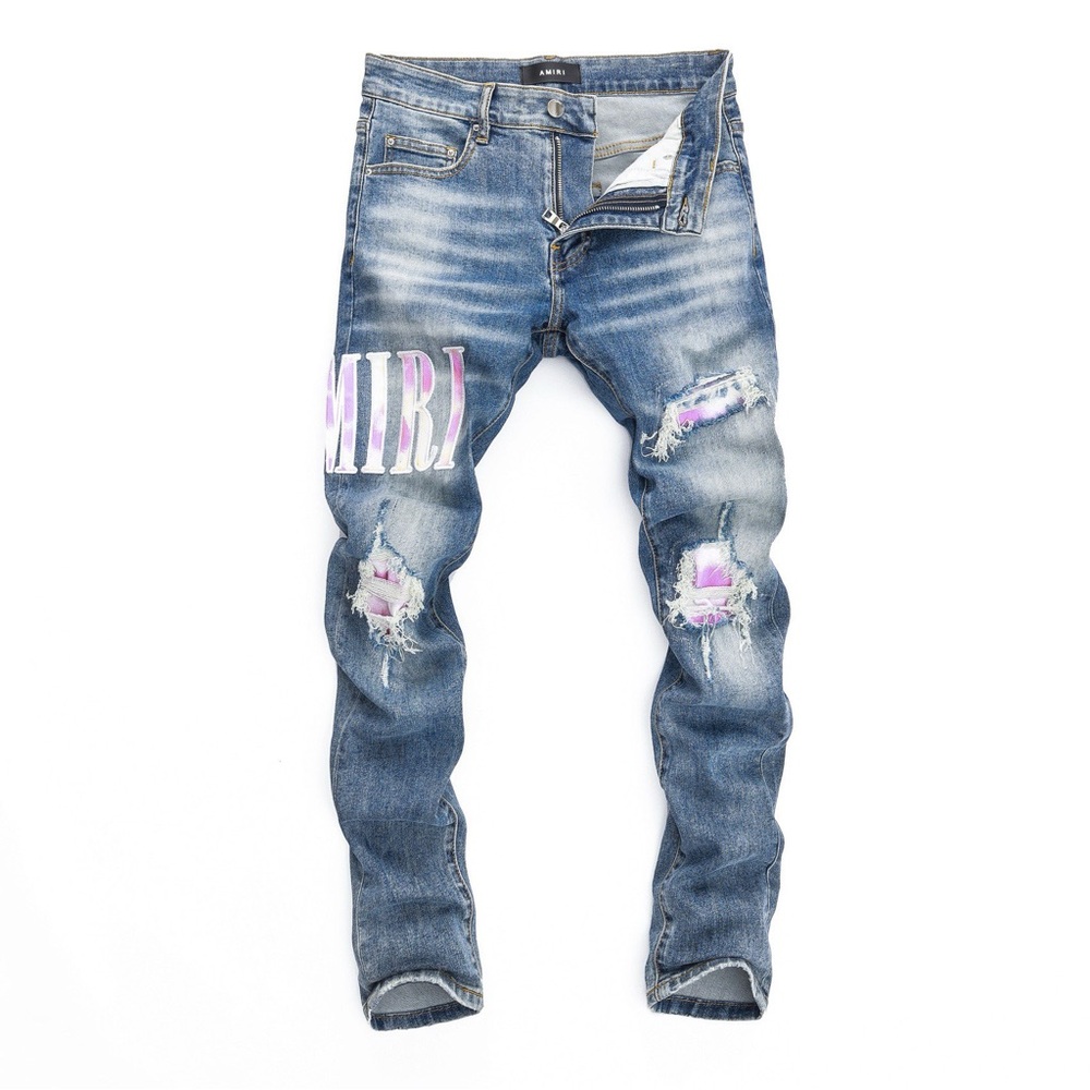 AMIRI Blue Washed Distressed Slim Jeans with Pink Graphic